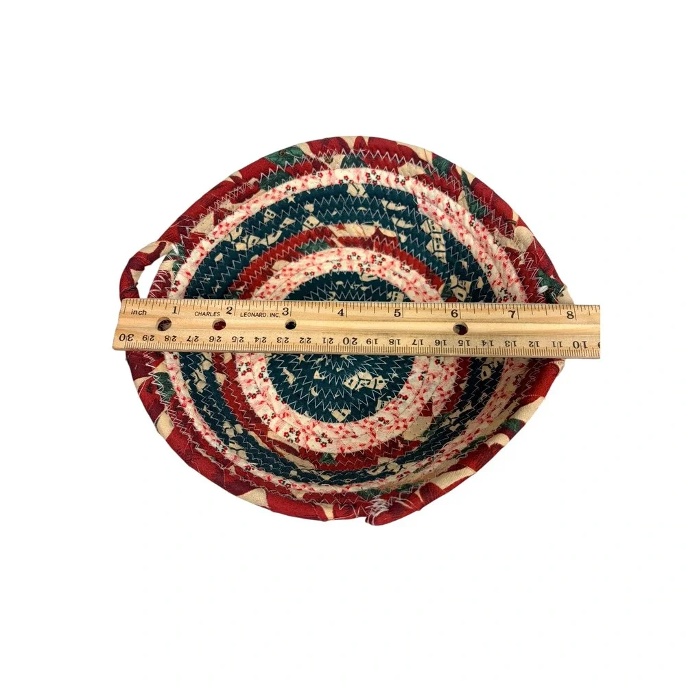 Handmade‎ Coiled Fabric Basket Vintage Americana Red White Blue Folk Art 8 inch